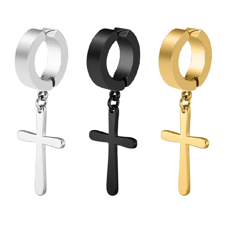 2pcs Stainless steel non-pierced cross flat stud earrings fake earrings personality ear buckle men & A-774wu