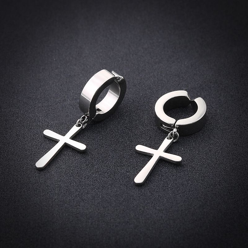 2pcs Stainless steel non-pierced cross flat stud earrings fake earrings personality ear buckle men & A-774wu