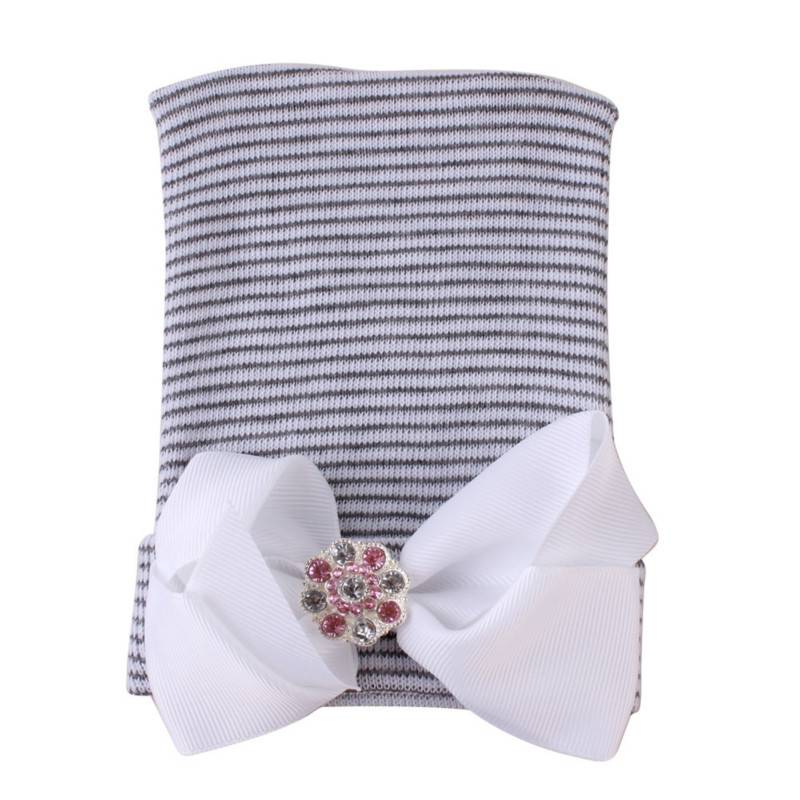 Big bow tie shiny diamond Pink Stripe girl baby knitting hat newborn baby Pullover hat E-803