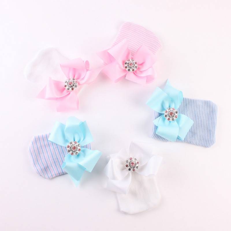 Big bow tie shiny diamond Pink Stripe girl baby knitting hat newborn baby Pullover hat E-803
