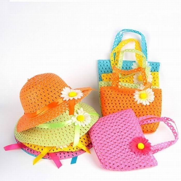 9color Sunflower Summer Sun Hat Girls Kids child Beach Hats Bags Floral Flower Straw Hats Caps + Tote Handbag Suit for 1-6 Years