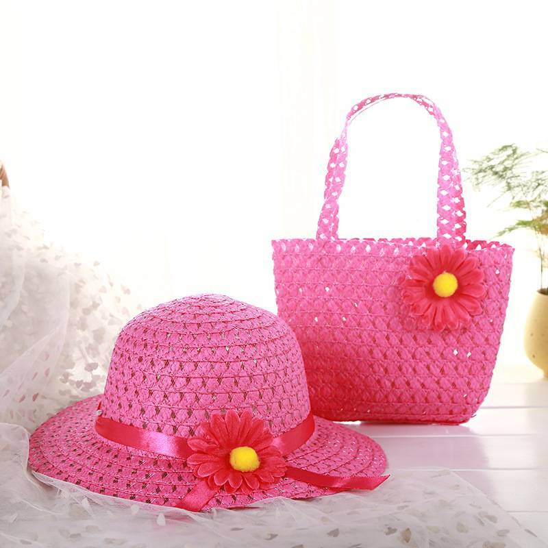 9color Sunflower Summer Sun Hat Girls Kids child Beach Hats Bags Floral Flower Straw Hats Caps + Tote Handbag Suit for 1-6 Years
