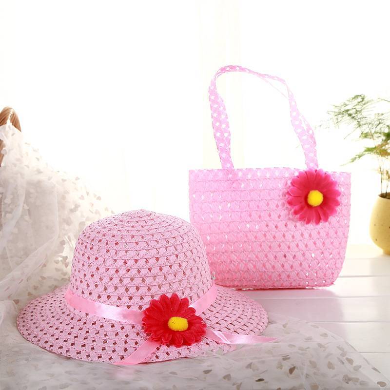 9color Sunflower Summer Sun Hat Girls Kids child Beach Hats Bags Floral Flower Straw Hats Caps + Tote Handbag Suit for 1-6 Years