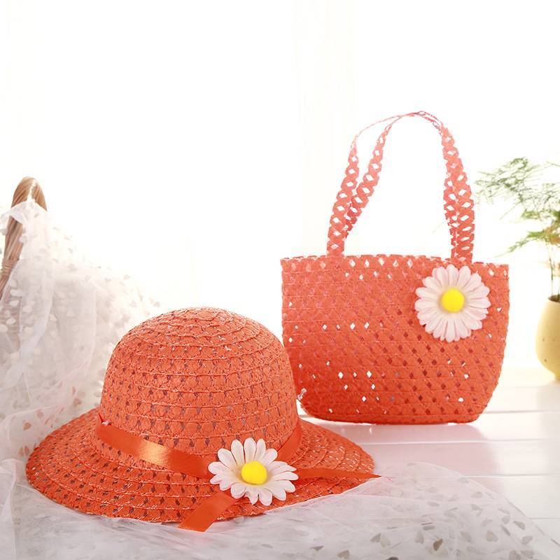9color Sunflower Summer Sun Hat Girls Kids child Beach Hats Bags Floral Flower Straw Hats Caps + Tote Handbag Suit for 1-6 Years