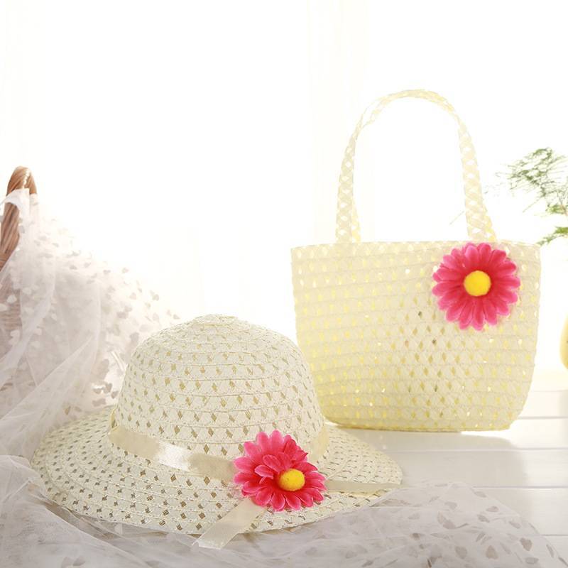 9color Sunflower Summer Sun Hat Girls Kids child Beach Hats Bags Floral Flower Straw Hats Caps + Tote Handbag Suit for 1-6 Years