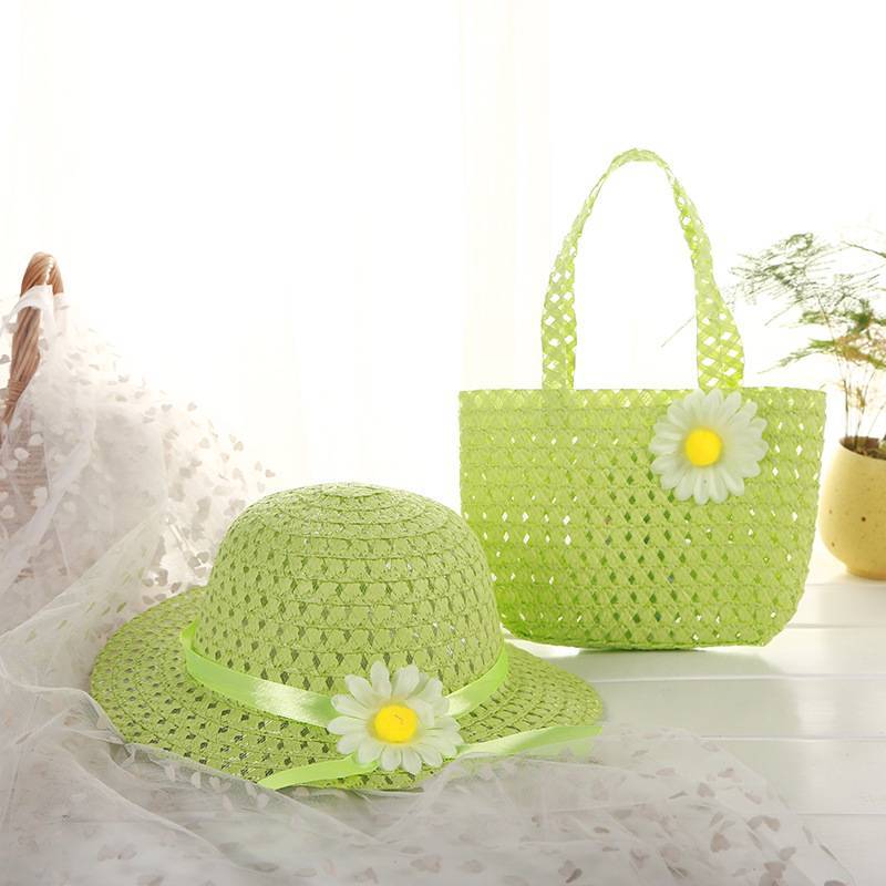 9color Sunflower Summer Sun Hat Girls Kids child Beach Hats Bags Floral Flower Straw Hats Caps + Tote Handbag Suit for 1-6 Years