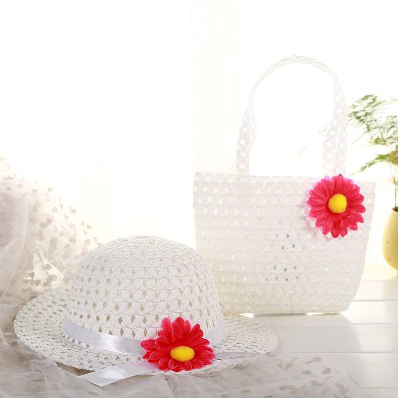 9color Sunflower Summer Sun Hat Girls Kids child Beach Hats Bags Floral Flower Straw Hats Caps + Tote Handbag Suit for 1-6 Years