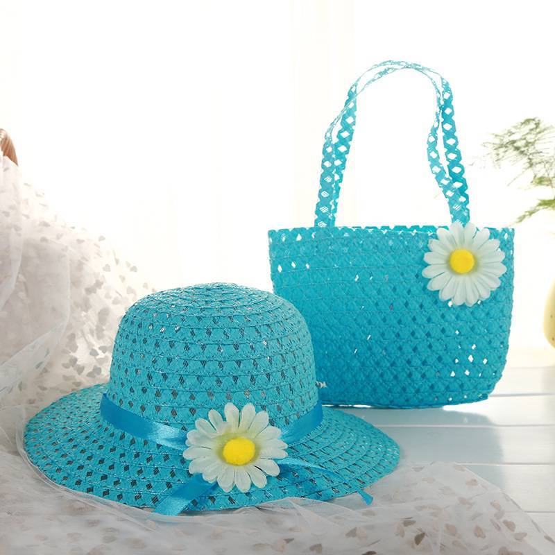 9color Sunflower Summer Sun Hat Girls Kids child Beach Hats Bags Floral Flower Straw Hats Caps + Tote Handbag Suit for 1-6 Years