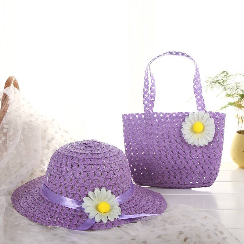 9color Sunflower Summer Sun Hat Girls Kids child Beach Hats Bags Floral Flower Straw Hats Caps + Tote Handbag Suit for 1-6 Years