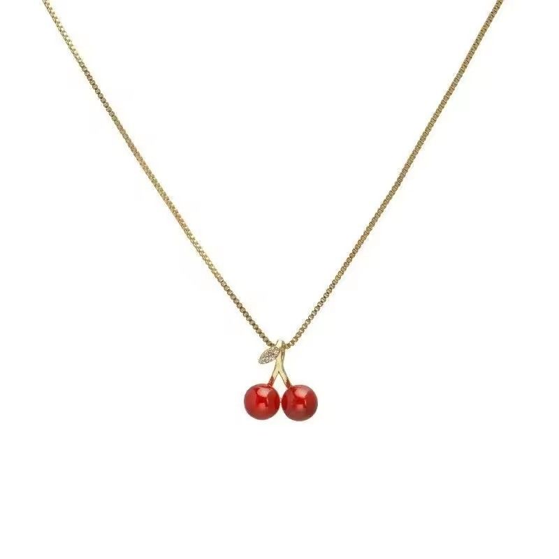 New Wine Red Cherry Gold Color Pendant Necklace For Women Personality Fashion Necklace Wedding Jewelry Birthday Gifts A-2070