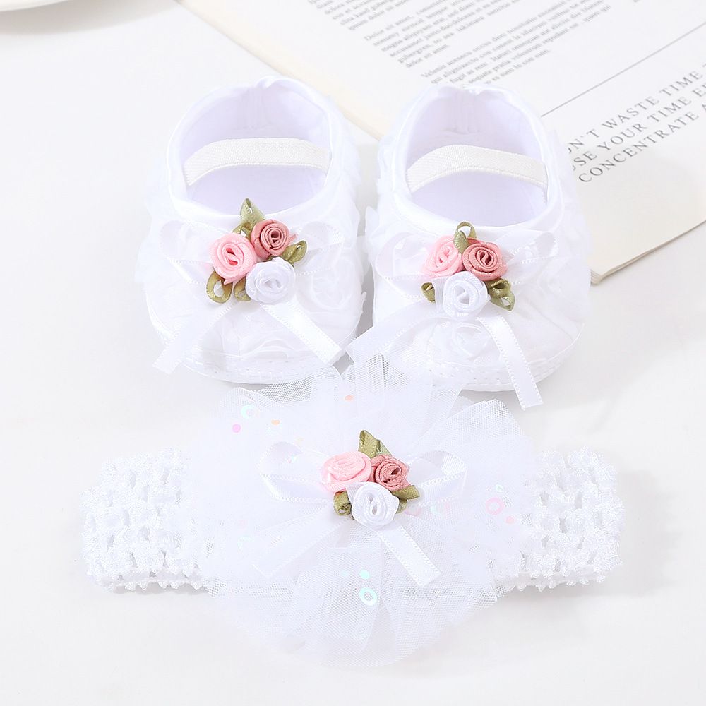 New Baby Shoes Headband Set Cute Flower Toddler Shoes for Girls Soft Sole Anti Slip Baby Girl Shoes First Walkers for 0-18m Kids