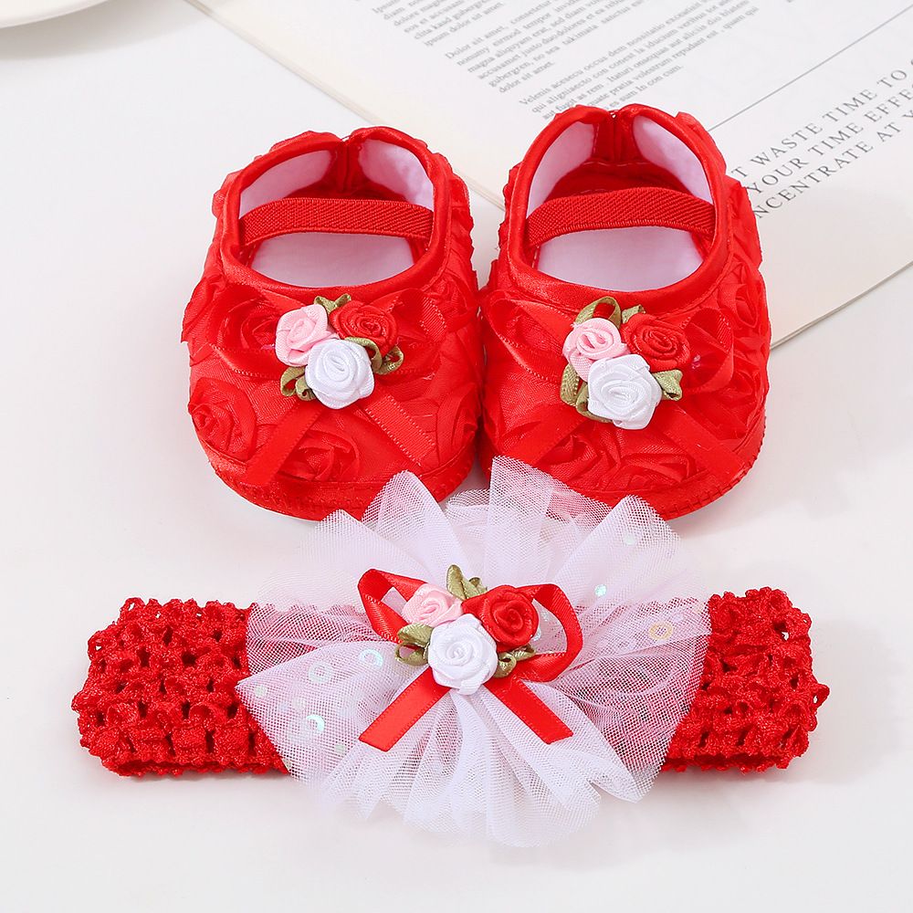 New Baby Shoes Headband Set Cute Flower Toddler Shoes for Girls Soft Sole Anti Slip Baby Girl Shoes First Walkers for 0-18m Kids