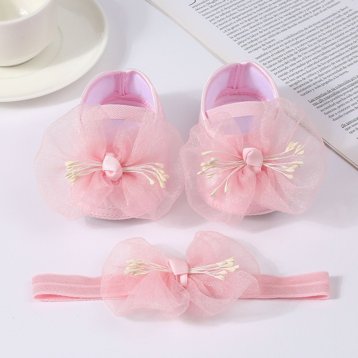 Korean Style Spring/Summer Casual Toddler Shoes 0-1 Y Baby Shoes Flower Mesh Bow Decorated Princess Shoes Set