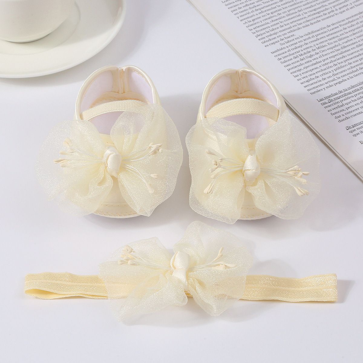 Korean Style Spring/Summer Casual Toddler Shoes 0-1 Y Baby Shoes Flower Mesh Bow Decorated Princess Shoes Set