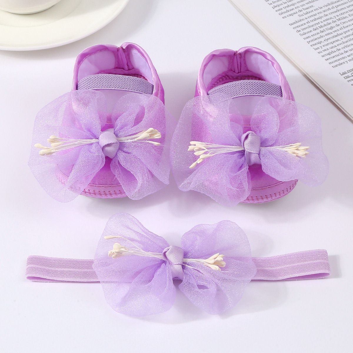 Korean Style Spring/Summer Casual Toddler Shoes 0-1 Y Baby Shoes Flower Mesh Bow Decorated Princess Shoes Set