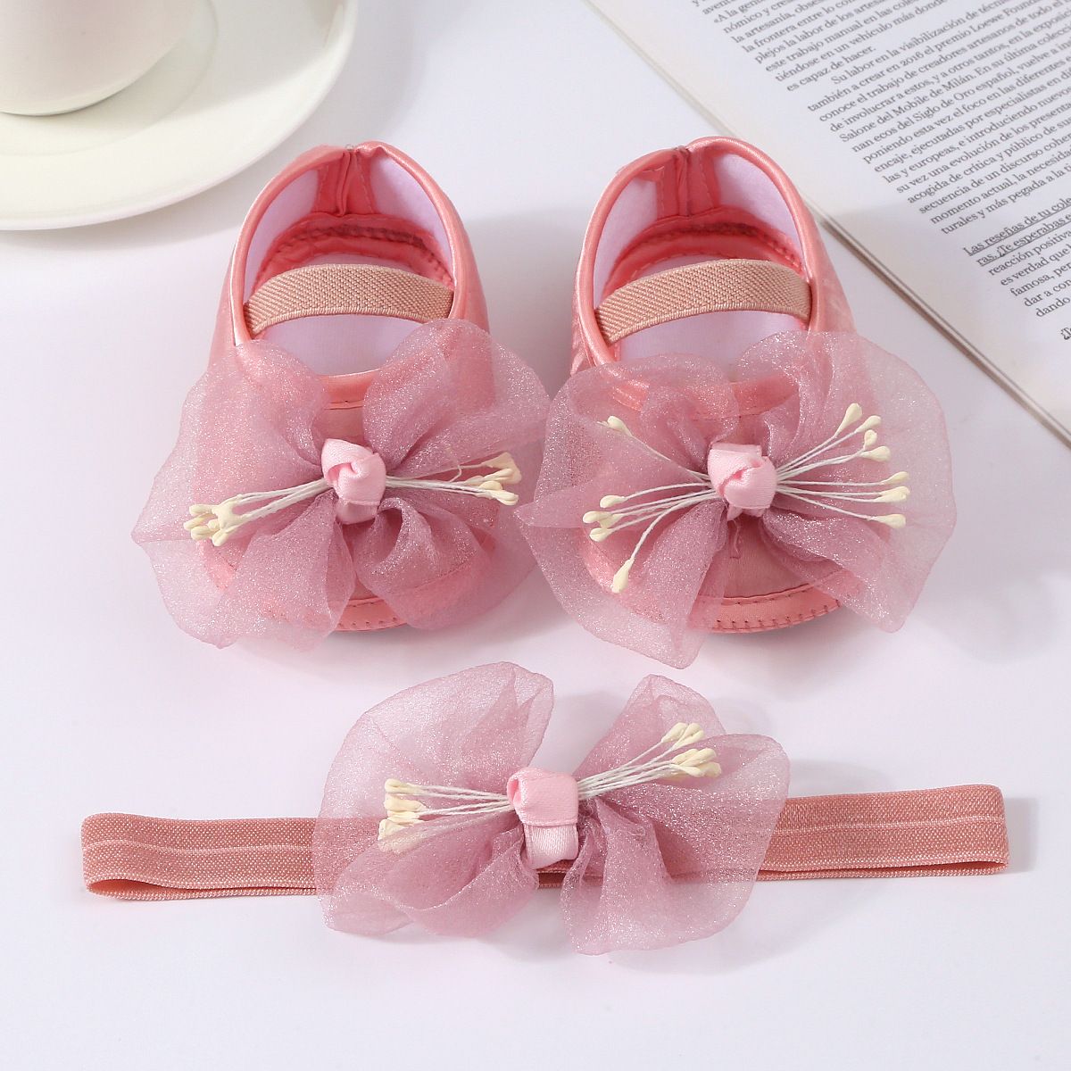 Korean Style Spring/Summer Casual Toddler Shoes 0-1 Y Baby Shoes Flower Mesh Bow Decorated Princess Shoes Set