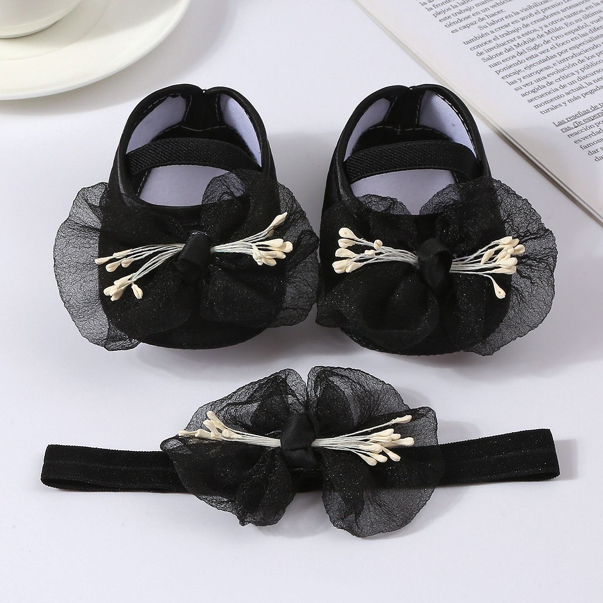 Korean Style Spring/Summer Casual Toddler Shoes 0-1 Y Baby Shoes Flower Mesh Bow Decorated Princess Shoes Set