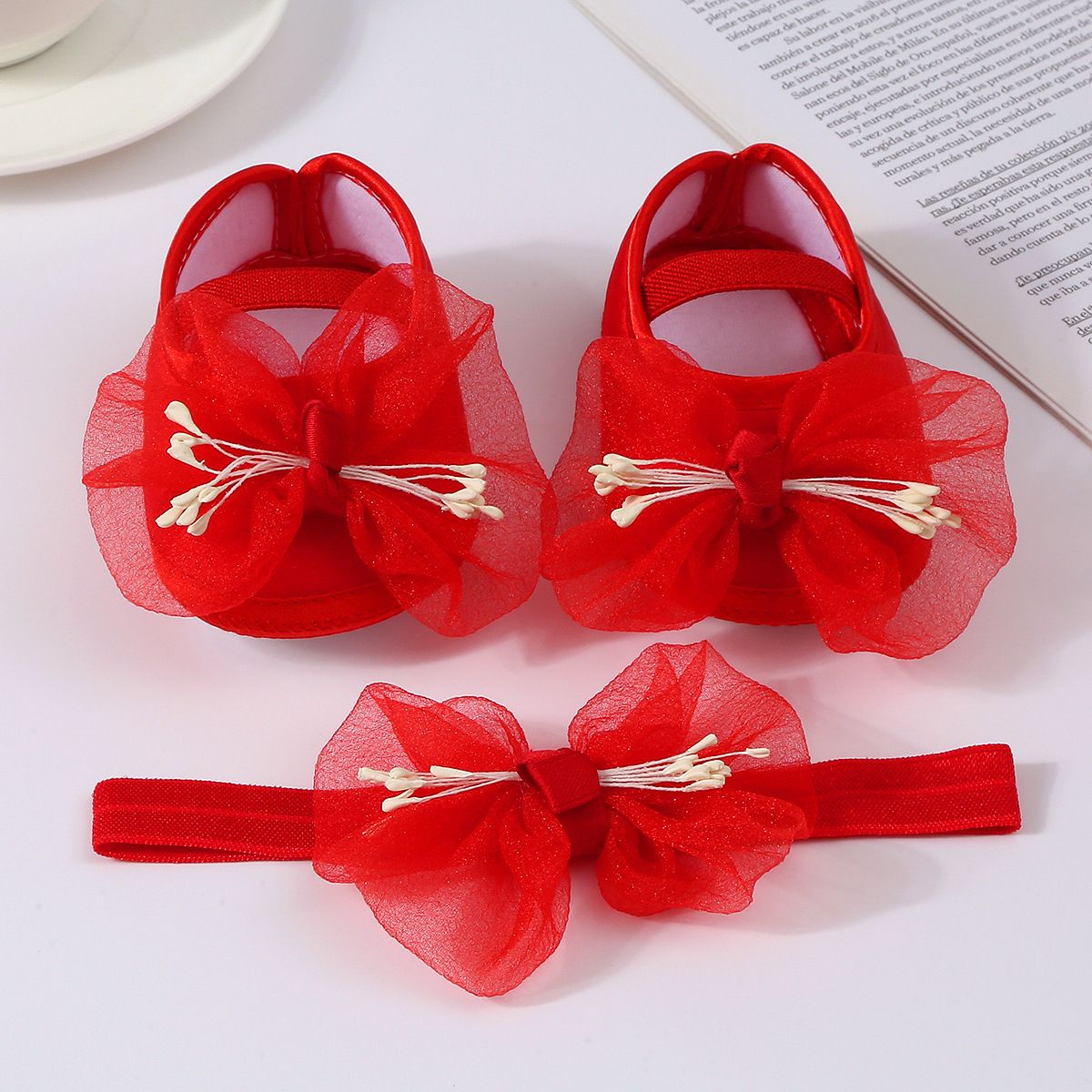Korean Style Spring/Summer Casual Toddler Shoes 0-1 Y Baby Shoes Flower Mesh Bow Decorated Princess Shoes Set