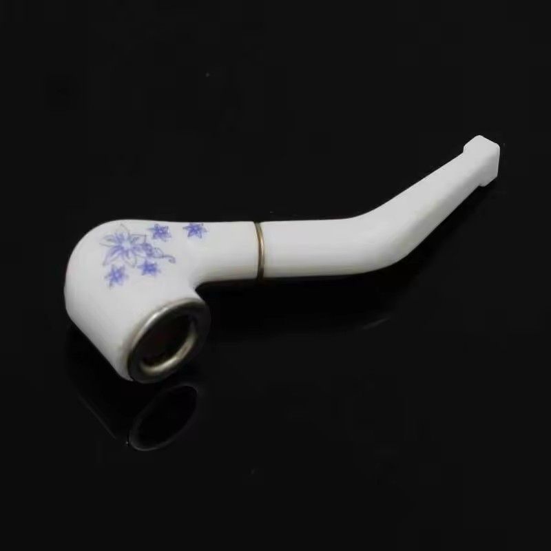 Handheld Mini Tobacco Pipe Retro Blue White Pattern Smoking Pipe Resin Bent Pipe Cigarette Holder Filter For Beginner Smoke Tool