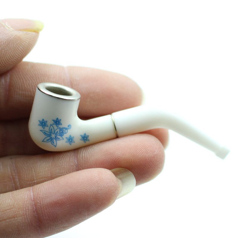 Handheld Mini Tobacco Pipe Retro Blue White Pattern Smoking Pipe Resin Bent Pipe Cigarette Holder Filter For Beginner Smoke Tool