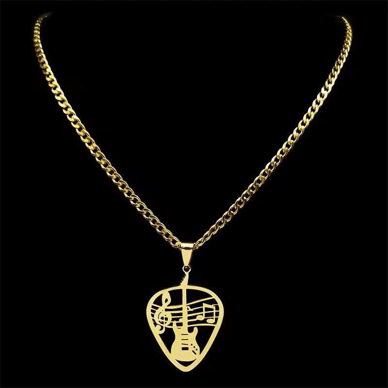 Rock Music Guitar Pick Pendant Necklace for Women/Men Stainless Steel Punk Musical Bass Note Chain Party Gift Jewelry
