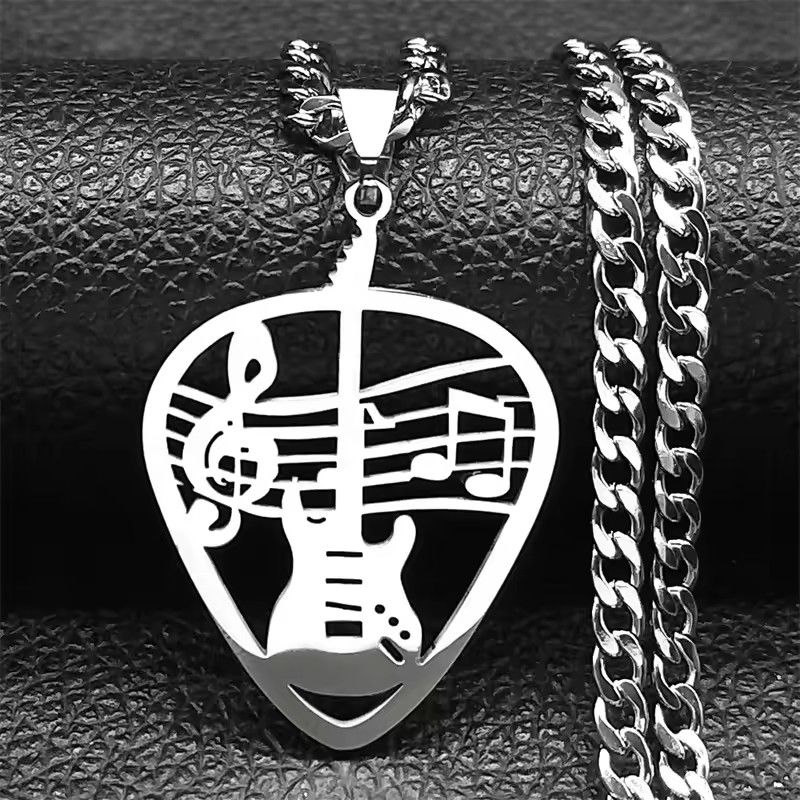 Rock Music Guitar Pick Pendant Necklace for Women/Men Stainless Steel Punk Musical Bass Note Chain Party Gift Jewelry