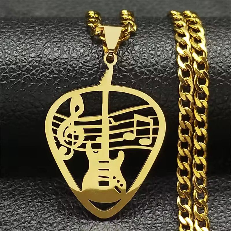 Rock Music Guitar Pick Pendant Necklace for Women/Men Stainless Steel Punk Musical Bass Note Chain Party Gift Jewelry