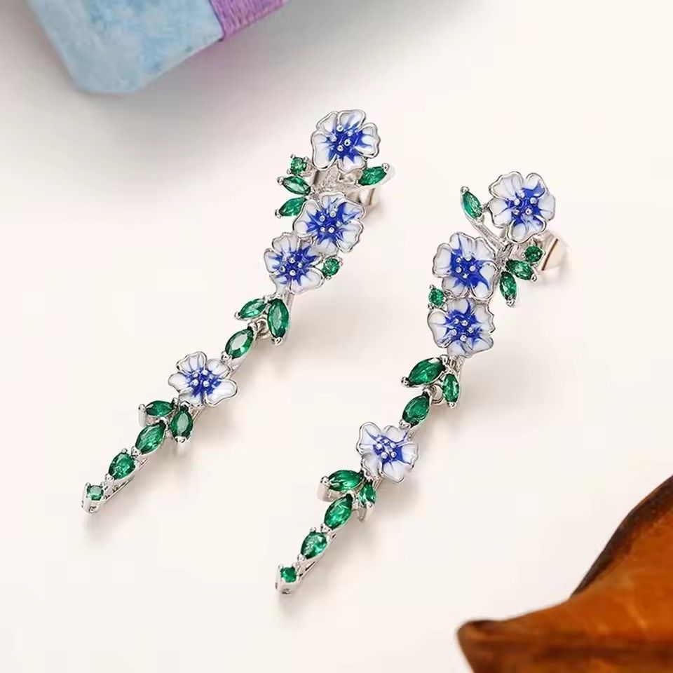 Women Flower Leaves Long Drop Earrings Silver Color Blue White Epoxy Green Crystal Stones Luxury Earrings For Girls Jewelry A-2124