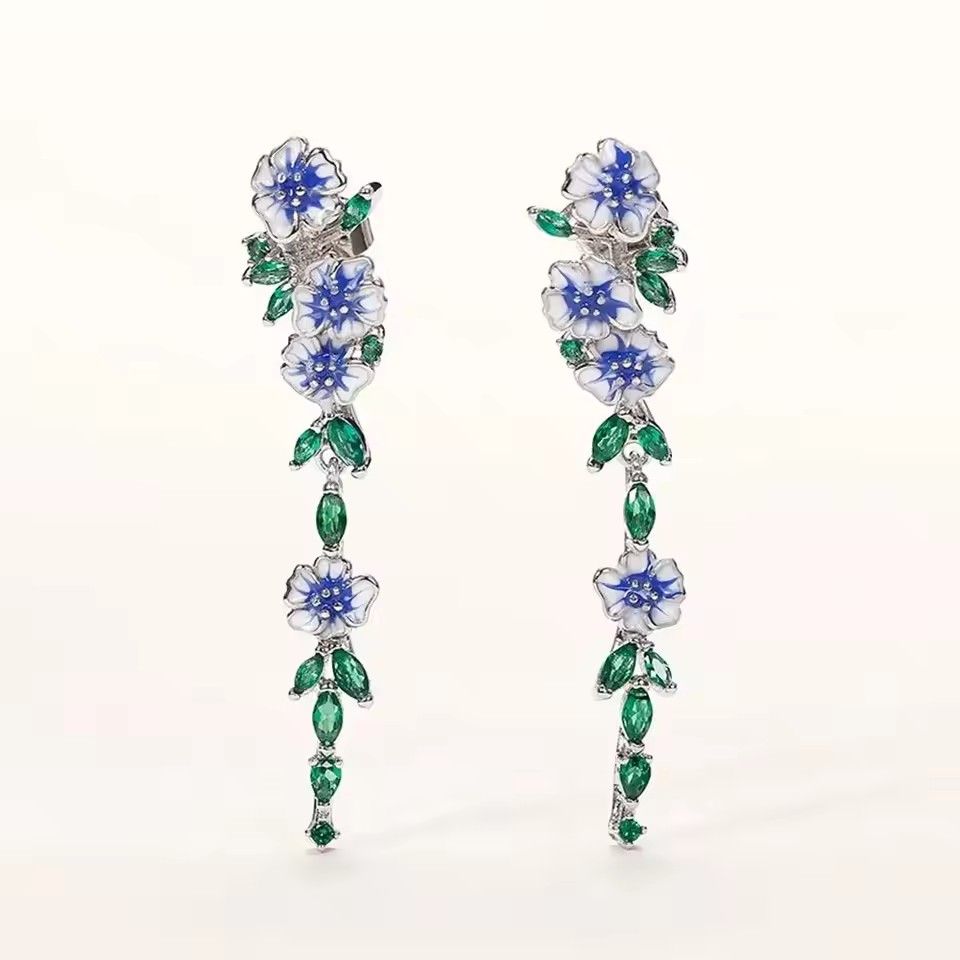 Women Flower Leaves Long Drop Earrings Silver Color Blue White Epoxy Green Crystal Stones Luxury Earrings For Girls Jewelry A-2124