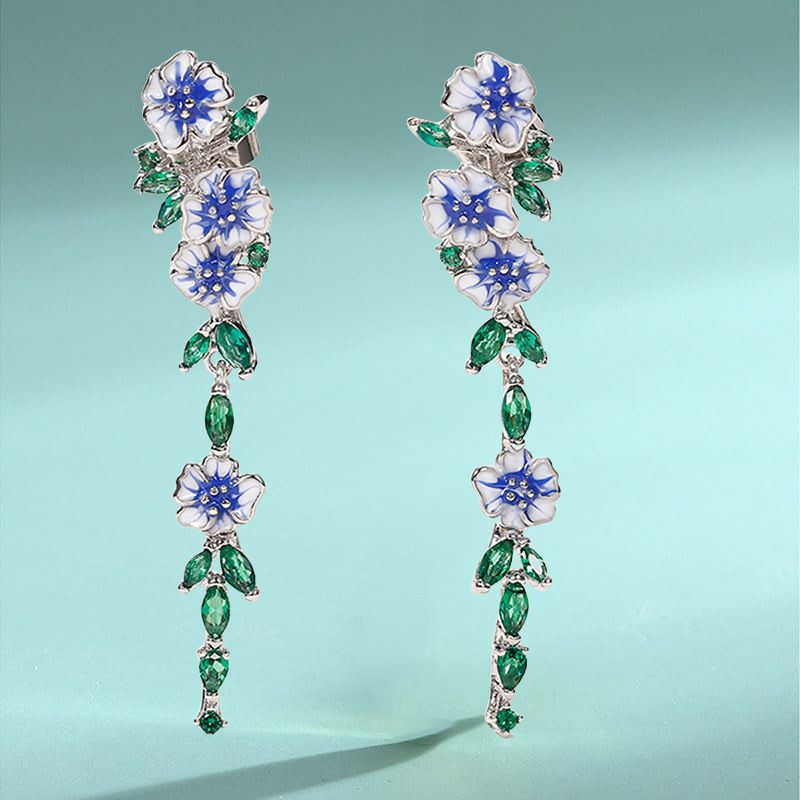 Women Flower Leaves Long Drop Earrings Silver Color Blue White Epoxy Green Crystal Stones Luxury Earrings For Girls Jewelry A-2124