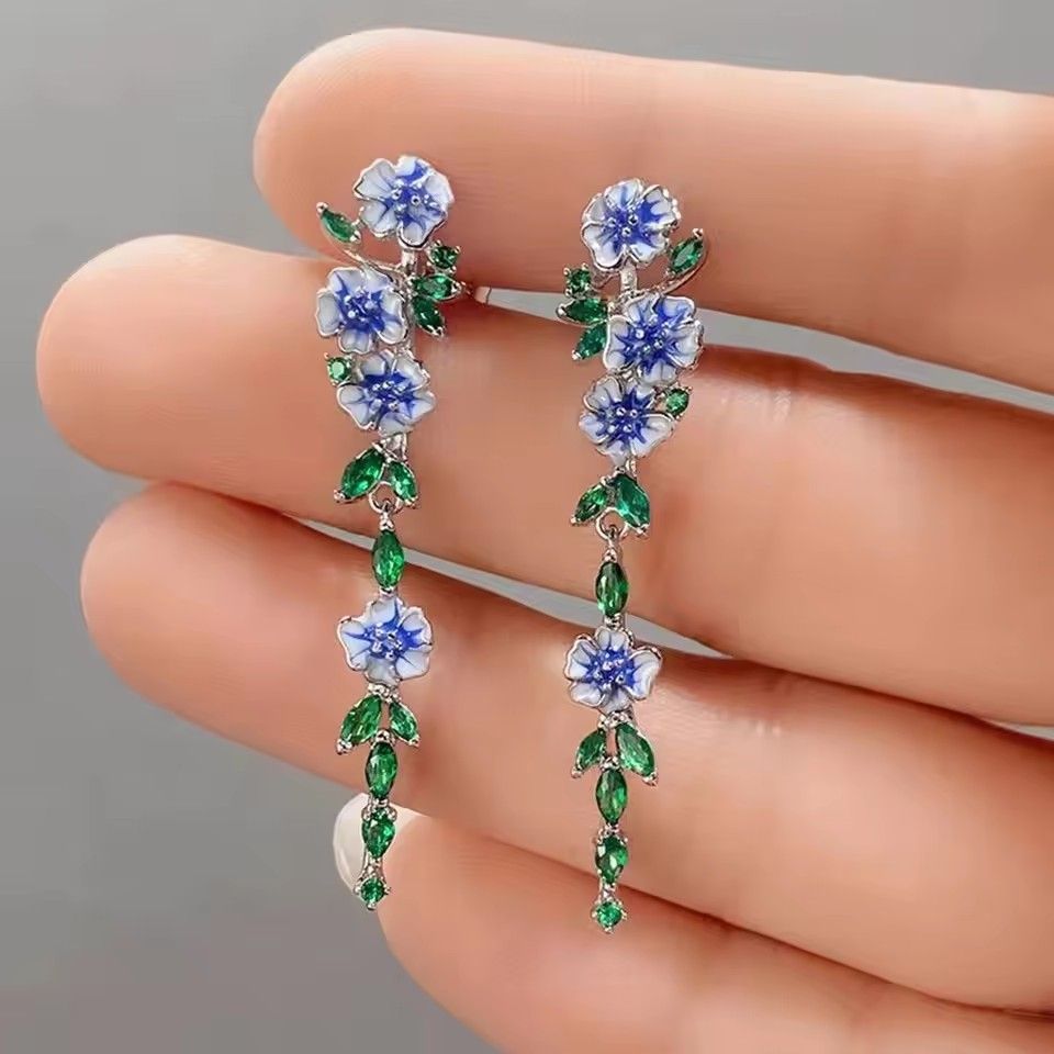 Women Flower Leaves Long Drop Earrings Silver Color Blue White Epoxy Green Crystal Stones Luxury Earrings For Girls Jewelry A-2124