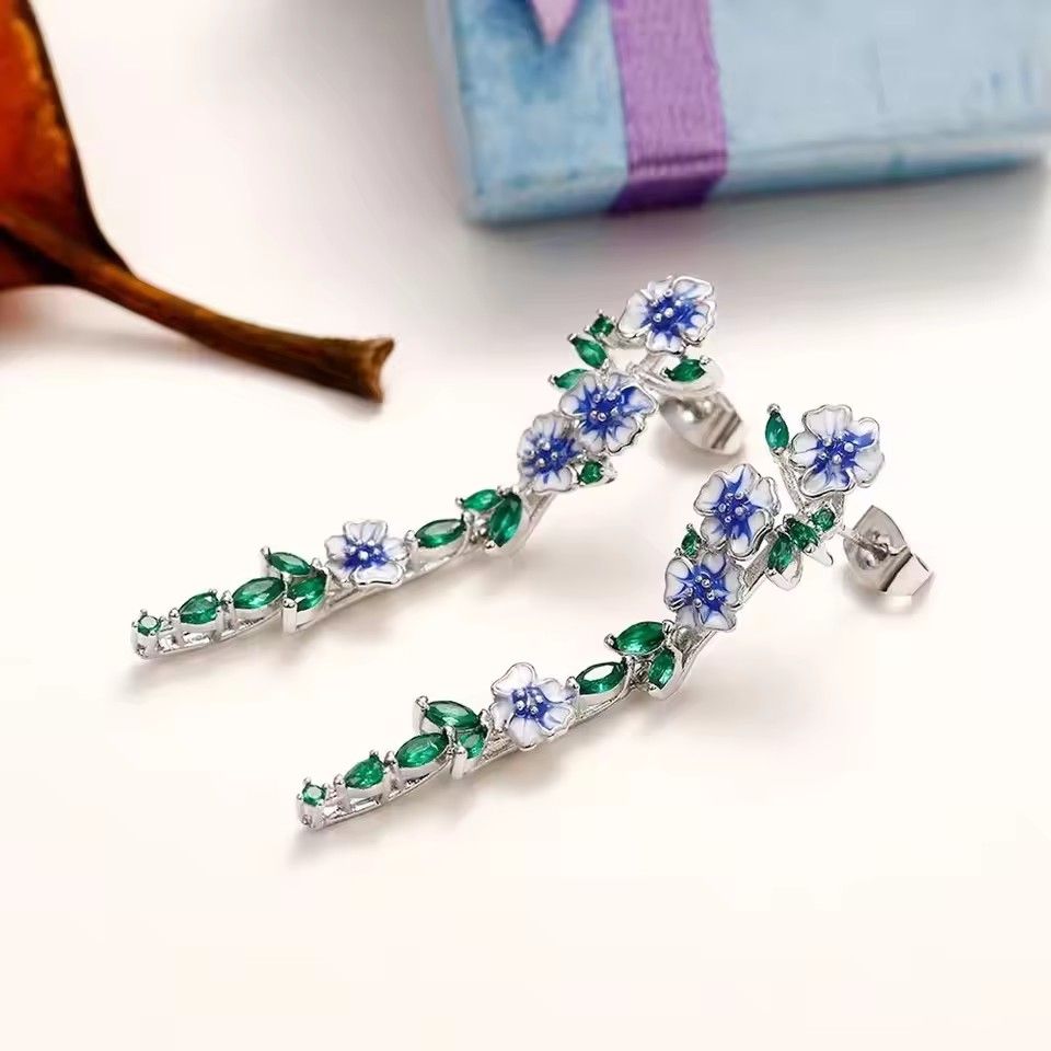 Women Flower Leaves Long Drop Earrings Silver Color Blue White Epoxy Green Crystal Stones Luxury Earrings For Girls Jewelry A-2124