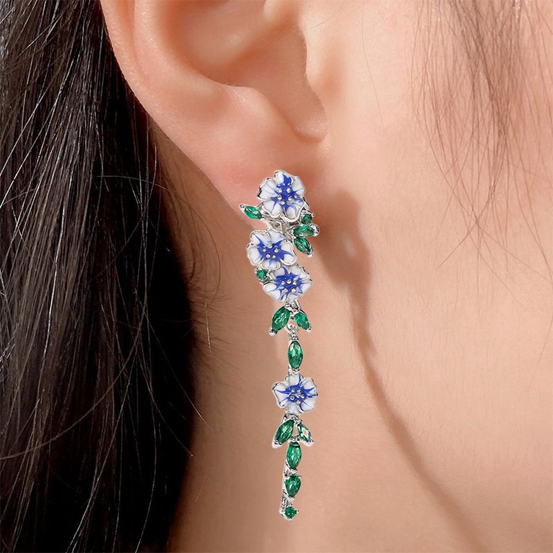 Women Flower Leaves Long Drop Earrings Silver Color Blue White Epoxy Green Crystal Stones Luxury Earrings For Girls Jewelry A-2124