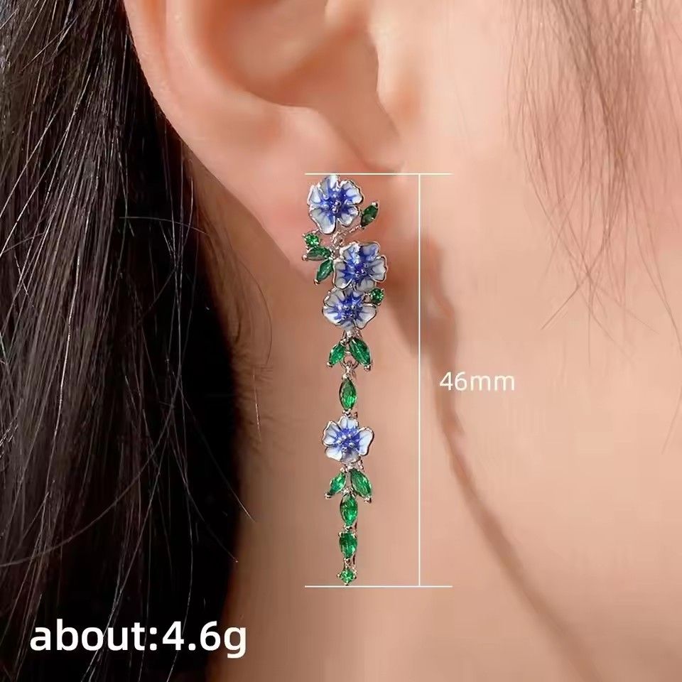 Women Flower Leaves Long Drop Earrings Silver Color Blue White Epoxy Green Crystal Stones Luxury Earrings For Girls Jewelry A-2124