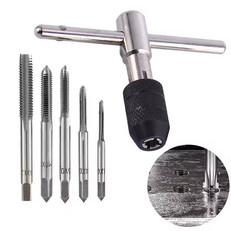 Portable 6pcs T-type Tap Wrench Set Drill Set Hand Tapping Tools Machine Screw Thread Tap Twist Bit M3/M4/M5/M6/M8  DIY Tool C-612