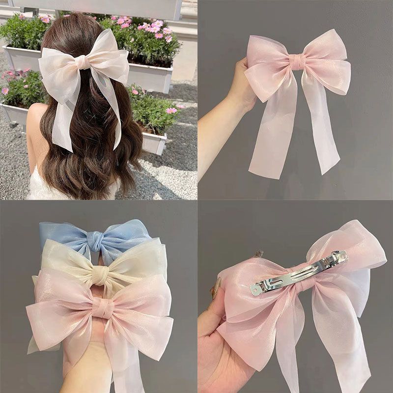 Korean Organza Oversized Bowknot Hair Clips for Women Solid Color Silky Ribbon Bow Ponytail Holder Grips Hair Accessories