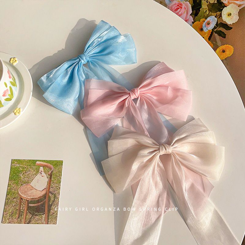 Korean Organza Oversized Bowknot Hair Clips for Women Solid Color Silky Ribbon Bow Ponytail Holder Grips Hair Accessories