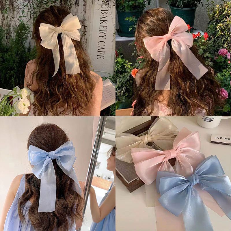 Korean Organza Oversized Bowknot Hair Clips for Women Solid Color Silky Ribbon Bow Ponytail Holder Grips Hair Accessories