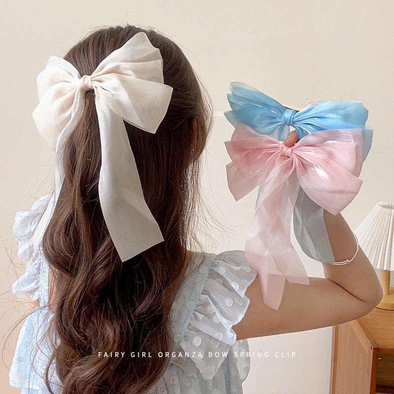 Korean Organza Oversized Bowknot Hair Clips for Women Solid Color Silky Ribbon Bow Ponytail Holder Grips Hair Accessories