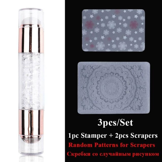 3pcs Nail Stamp Art Set Double Head Silicone Nail Stamper Crystal Handle Stamp Random Stencil Easy Stamp Set Stamp Plating Tool