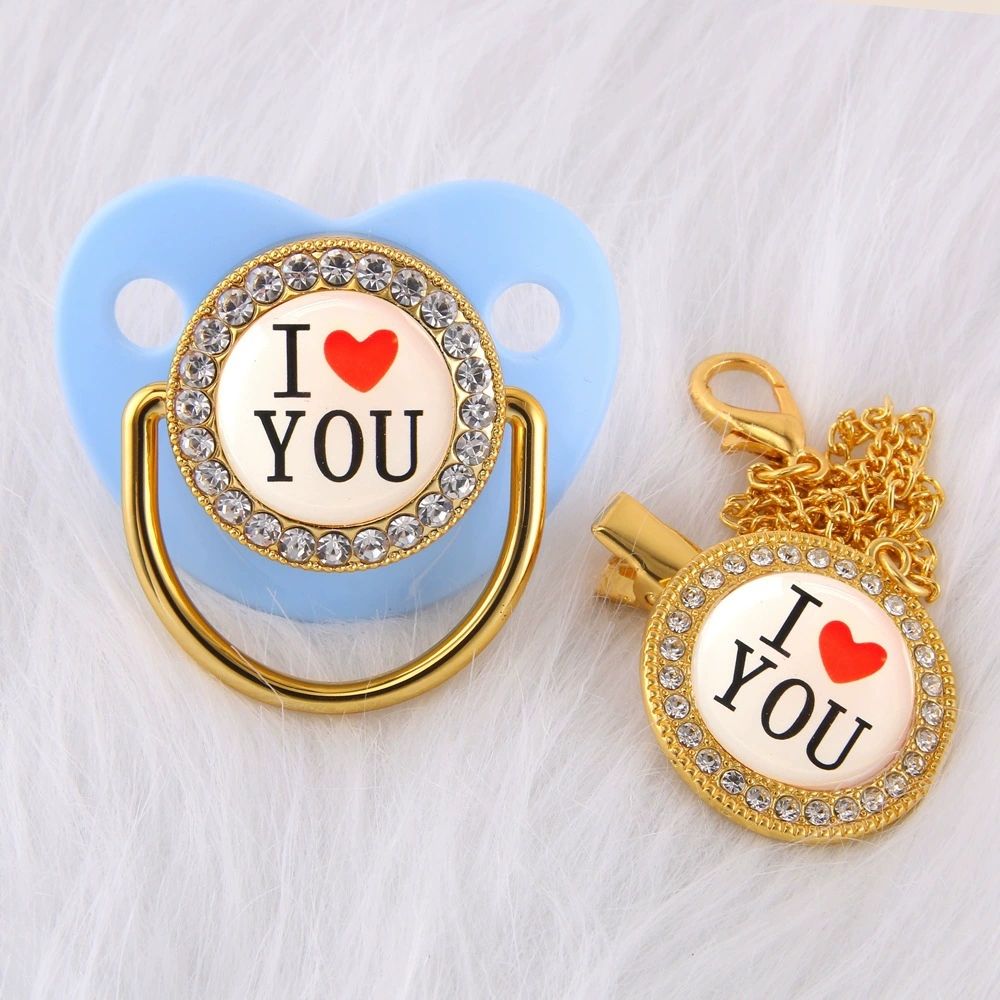 Newborn Pacifier Baby Shower Gift Bling Baby Dummy Silicone BPA Free Infant Nipple New Born Pacifiers For Babies I Love Mum Dad