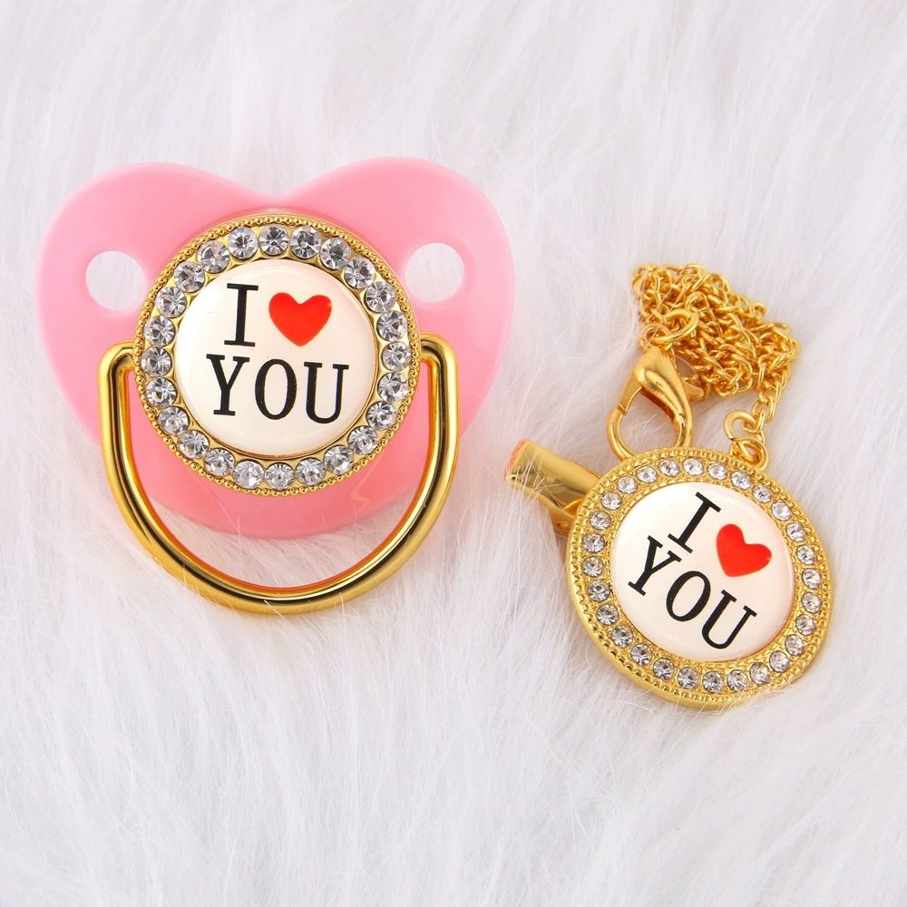 Newborn Pacifier Baby Shower Gift Bling Baby Dummy Silicone BPA Free Infant Nipple New Born Pacifiers For Babies I Love Mum Dad