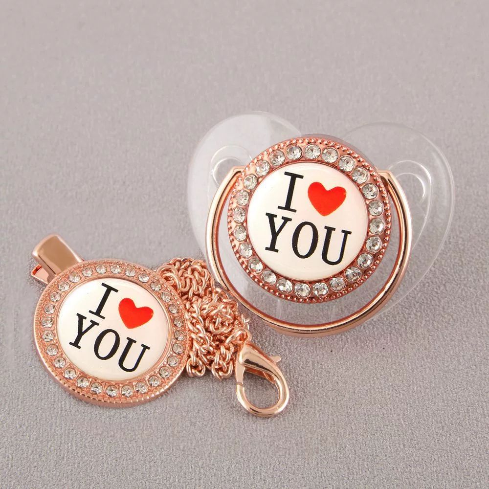 Newborn Pacifier Baby Shower Gift Bling Baby Dummy Silicone BPA Free Infant Nipple New Born Pacifiers For Babies I Love Mum Dad