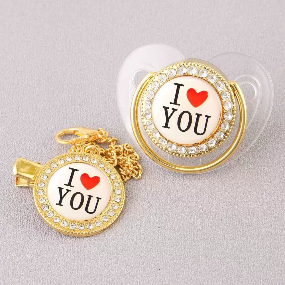 Newborn Pacifier Baby Shower Gift Bling Baby Dummy Silicone BPA Free Infant Nipple New Born Pacifiers For Babies I Love Mum Dad