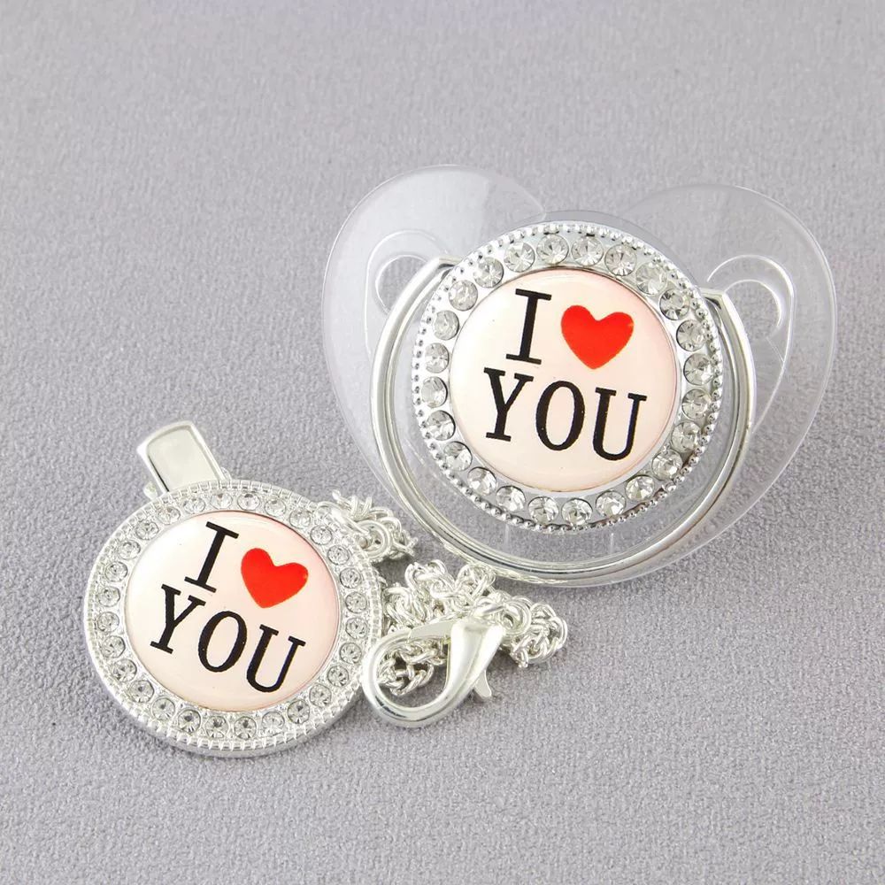 Newborn Pacifier Baby Shower Gift Bling Baby Dummy Silicone BPA Free Infant Nipple New Born Pacifiers For Babies I Love Mum Dad