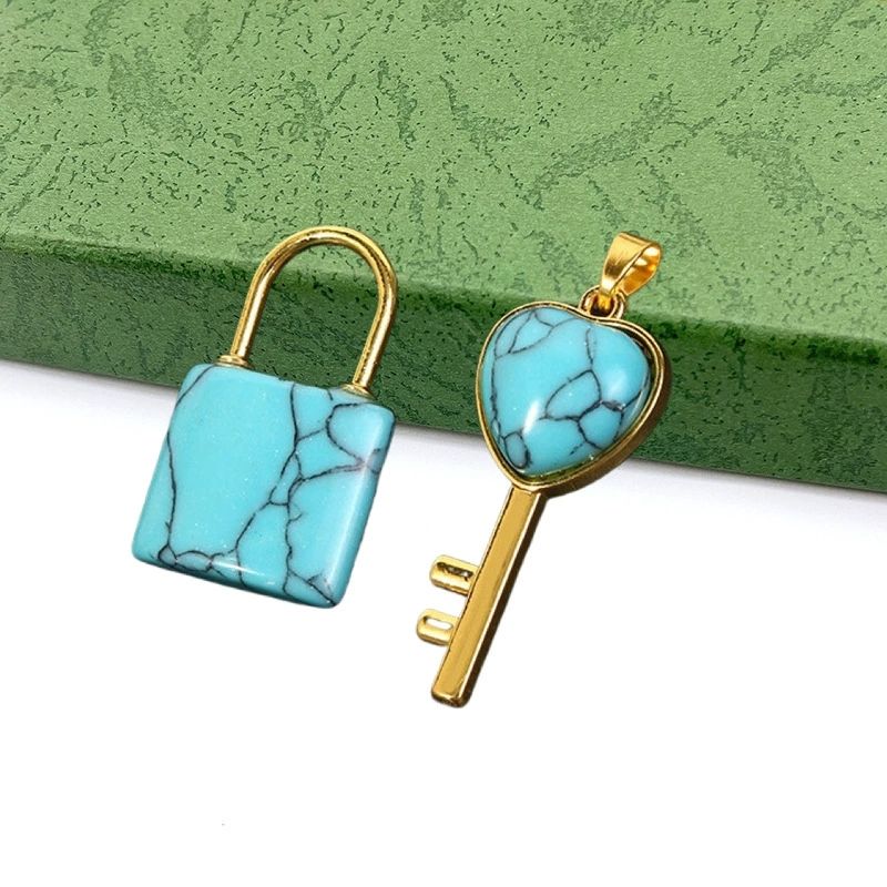 Natural crystal Gemstone Lovers Lock Key Pendant Love Shape Energy Necklace jewelry Reiki Beloved Female Valentine's Day Gif
