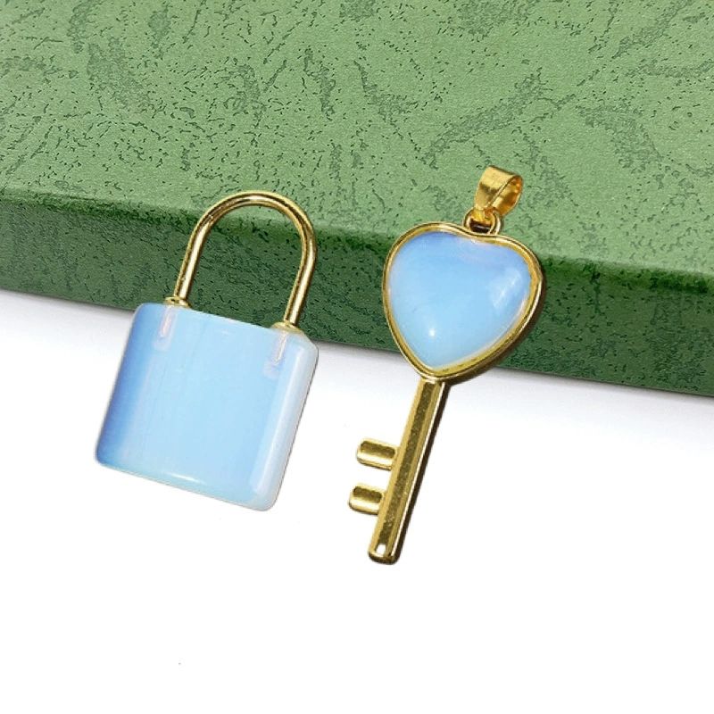 Natural crystal Gemstone Lovers Lock Key Pendant Love Shape Energy Necklace jewelry Reiki Beloved Female Valentine's Day Gif