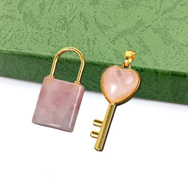 Natural crystal Gemstone Lovers Lock Key Pendant Love Shape Energy Necklace jewelry Reiki Beloved Female Valentine's Day Gif