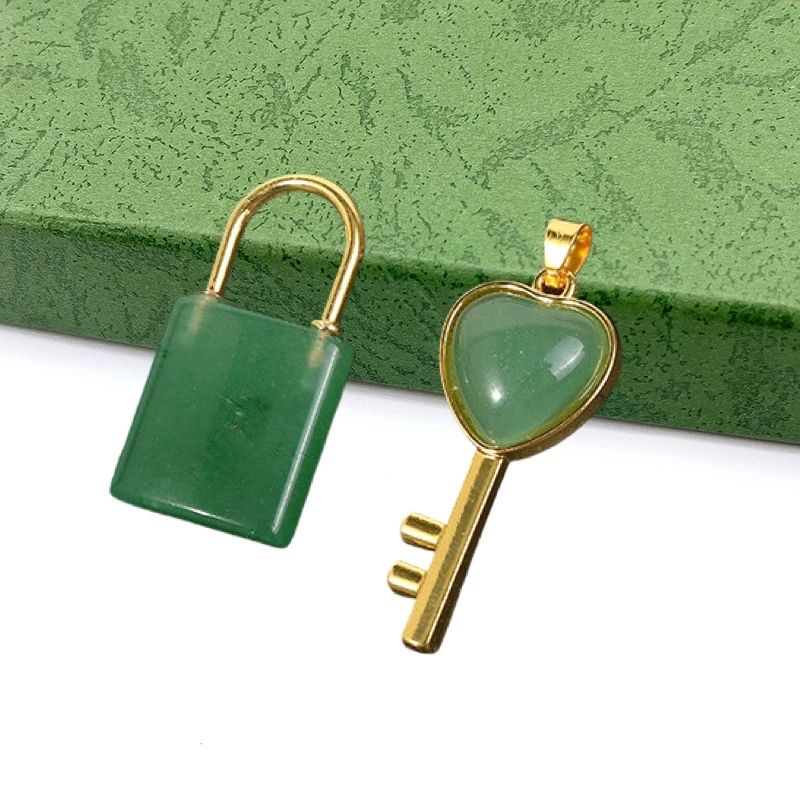 Natural crystal Gemstone Lovers Lock Key Pendant Love Shape Energy Necklace jewelry Reiki Beloved Female Valentine's Day Gif