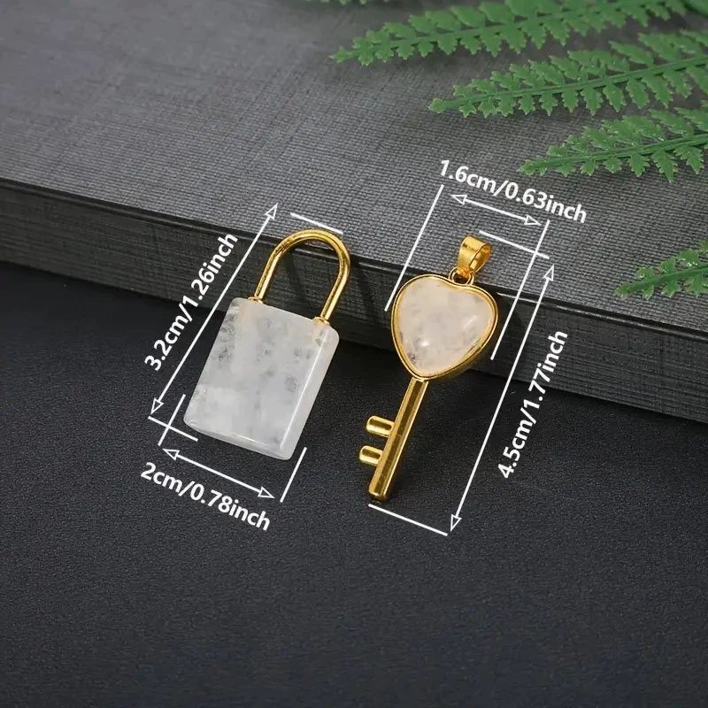 Natural crystal Gemstone Lovers Lock Key Pendant Love Shape Energy Necklace jewelry Reiki Beloved Female Valentine's Day Gif